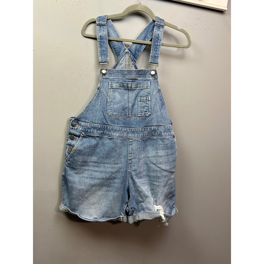 Lane Bryant Shortalls Women 14 Blue Medium Wash Denim Distressed Casual Utility